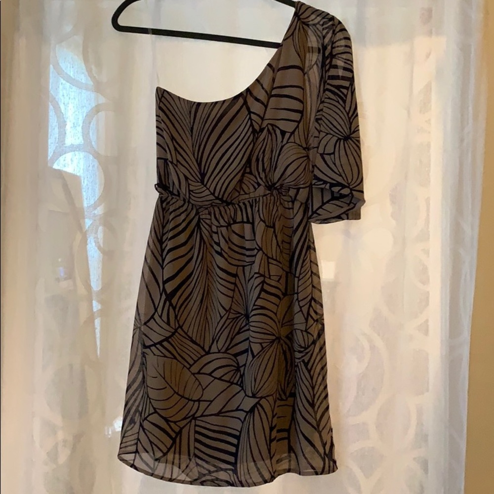 One shoulder tan and navy dress